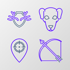 Set line Bow and arrow in quiver, Hunt place, Hunting dog and Deer antlers on shield icon. Vector