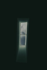 Vertical of a window in a loft building in Marfa, Texas