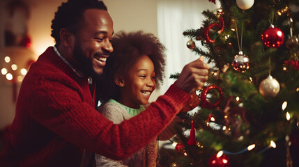 Close up happy African American father with little daughter decorating Christmas tree, smiling dad holding adorable child, helping, family preparing home to New Year celebration, family having fun - obrazy, fototapety, plakaty