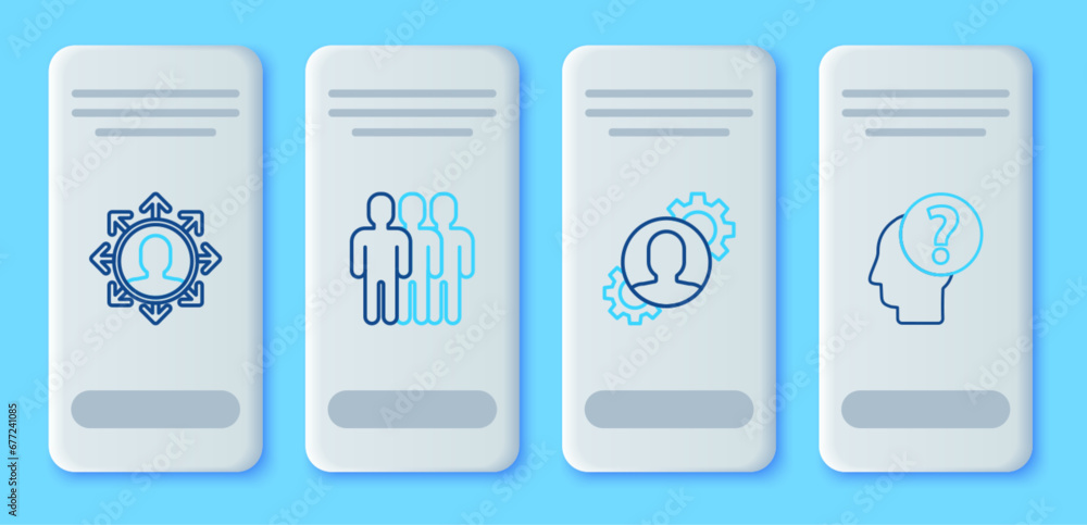 Poster set line users group, human with gear inside, project team base and head question mark icon. vector