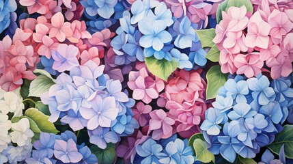 Beautiful hydrangea flowers of different varieties and hues of pink and blue - obrazy, fototapety, plakaty
