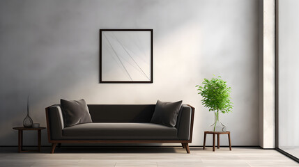 Minimalist comMinimalist composition of aesthetic living room interior with mock up poster frame, copy space, dark sofa, vase with plant, and personal accessories. Home decor. Template.