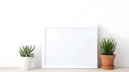 Blank photo frames, candle and houseplant on mantelpiece near white wall