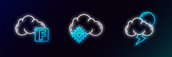 Set line Storm, Fahrenheit and cloud and Cloud with snow icon. Glowing neon. Vector - obrazy, fototapety, plakaty