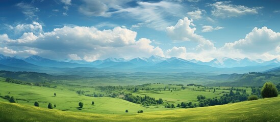 Naklejka premium In the picturesque summer landscape the lush green fields stretched to the horizon framed by towering trees and a backdrop of majestic mountains as fluffy clouds painted the sky creating a 