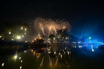 Fireworks at Sukhothai Province in the north of Thailand during the Loi Krathong Light and Candle Burning Festival and New Year