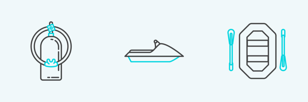 Set line Rafting boat, Aqualung and Jet ski icon. Vector