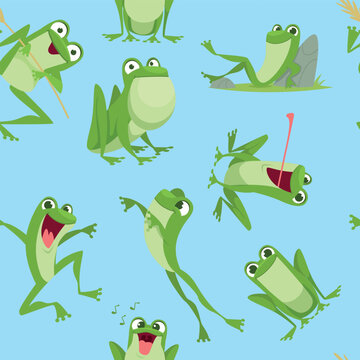 Frogs pattern. cartoon happy frogs jumping standing sitting. Vector cartoon template for kids seamless backgrounds