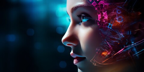 Womans Face Adorned with Communication Symbols, VR Glasses, and a Connection to the Internet, Creating a Technological Tapestry in the Background of Innovation and Virtual Reality