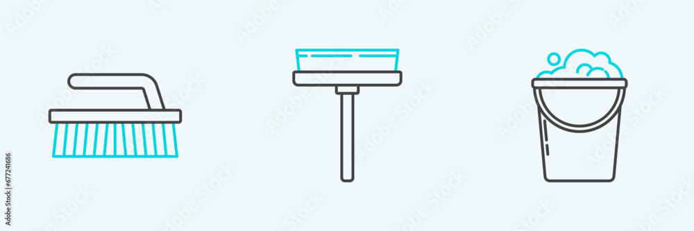 Poster set line bucket with foam and bubbles, brush for cleaning and squeegee, scraper, wiper icon. vector