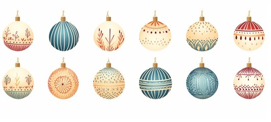 Pattern of Christmas balls illustration in muted christmas colours on white background, christmas theme in scandi boho style. Horizontal banner for posters, advertising. AI generated.