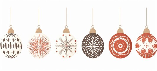 Christmas balls Pattern illustration in muted christmas colors on white background, christmas theme in scandi and boho style. Horizontal banners, posters, advertising. AI generated.