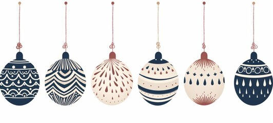 Scandi style Christmas balls in muted christmas colors Hand drawn christmas theme illustration on white background. For banners, posters, advertising. AI generated.