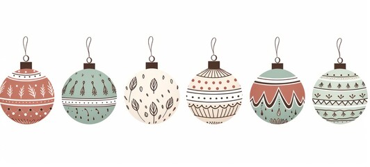 Pattern of Christmas balls in Scandinavian style with muted christmas colors illustration on white background.Christmas theme boho style. For banners, posters, advertising. AI generated.