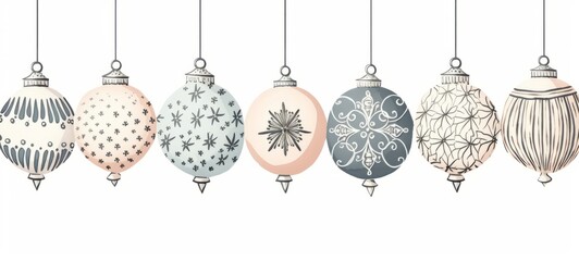 Scandinavian style Pattern of Christmas balls in muted christmas colors illustration on white background.Christmas theme boho style. For banners, posters, advertising. AI generated.