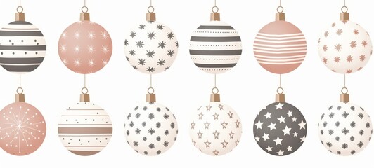 Christmas balls in Scandinavian style with Christmas pastel colors Pattern illustration on white background. Christmas theme boho style. For banners, posters, advertising. AI generated.