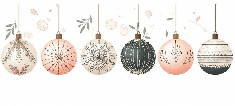 Hand drawn Pattern illustration of Christmas balls in muted christmas colours on white background, christmas theme in scandi boho style. Horizontal format For banners, advertising. AI generated.