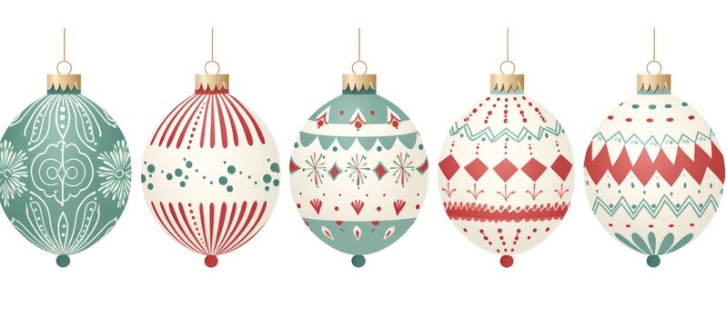 Christmas balls in christmas colors Hand drawn illustration on white background, christmas theme in american and scandi style. Horizontal banner posters. AI generated