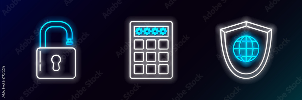 Poster set line shield with world globe, open padlock and password protection and safety access icon. glowi