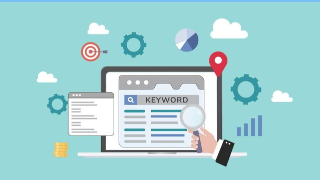 Keyword and SEO Optimization Concept. Select the relevant keywords and tags with Seo tools. Online metadata Research Tool. Animation on laptop screen 