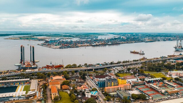 Aerial  view of Lagos city waterside roads and buildings in Nigeria