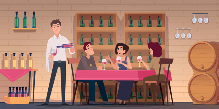 Restaurant background. Wine experts holding alcohol glasses in kitchen exact vector illustration in cartoon style