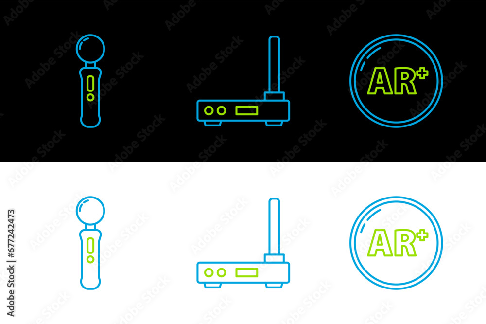 Poster set line ar, augmented reality, gamepad and router and wi-fi signal icon. vector