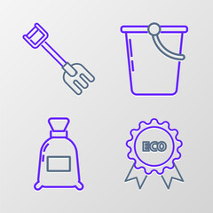 Set line Banner, label, tag, logo for eco, Bag of flour, Bucket and Garden rake icon. Vector