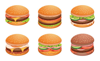 Burger. Fast food kitchen with different burghers exact vector cartoon illustration snacks with meat and cheese ingredients