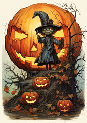 American Retro Halloween Postcard Illustrations, Ephemera-inspired, Eccentric