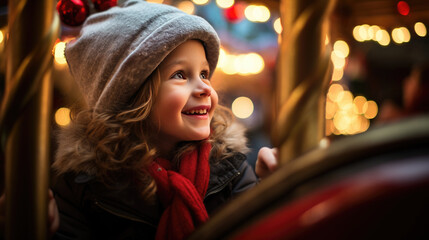 Fototapeta na wymiar A joyful young girl in a winter hat and scarf is smiling while riding on a carousel horse in the evening, illuminated by the ride's lights.