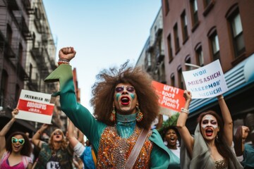 Drag queens protesting on a city street marching - obrazy, fototapety, plakaty