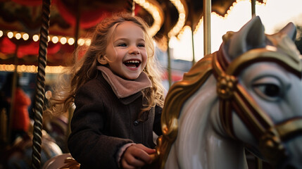Fototapeta na wymiar A joyful young girl in a winter hat and scarf is smiling while riding on a carousel horse in the evening, illuminated by the ride's lights.