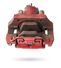Old red metal brake caliper on a white background for replacement during the repair of the chassis...