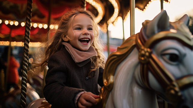 A joyful young girl in a winter hat and scarf is smiling while riding on a carousel horse in the evening, illuminated by the ride's lights.