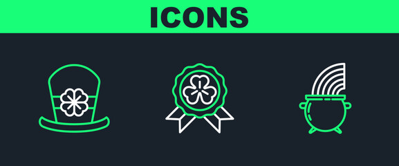 Set line Witch cauldron and rainbow, Leprechaun hat four leaf clover and Medal with icon. Vector