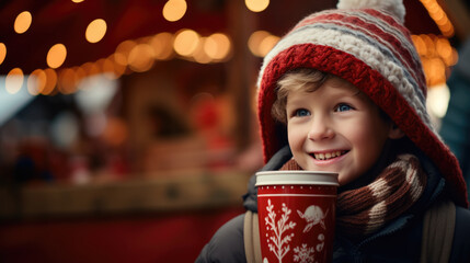 A smiling child bundled up in winter clothes, holding a red cup, stands in front of a festive market with sparkling lights in the background.