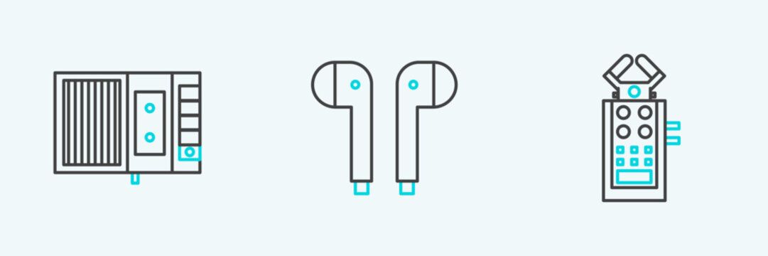 Set line Microphone, Music tape player and Air headphones icon. Vector