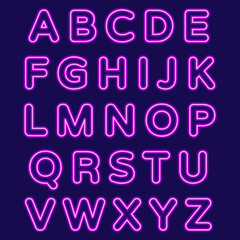 Pink Neon Letters On Dark Blue Background. Glowing alphabets. A-Z letters set. Vector illustration