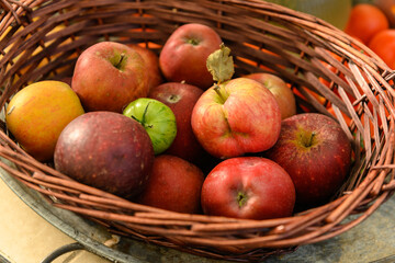 Wicker basket with fresh ripe red apples and one green tomato