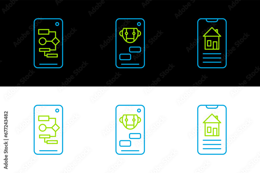Poster set line smart home, algorithm and bot icon. vector