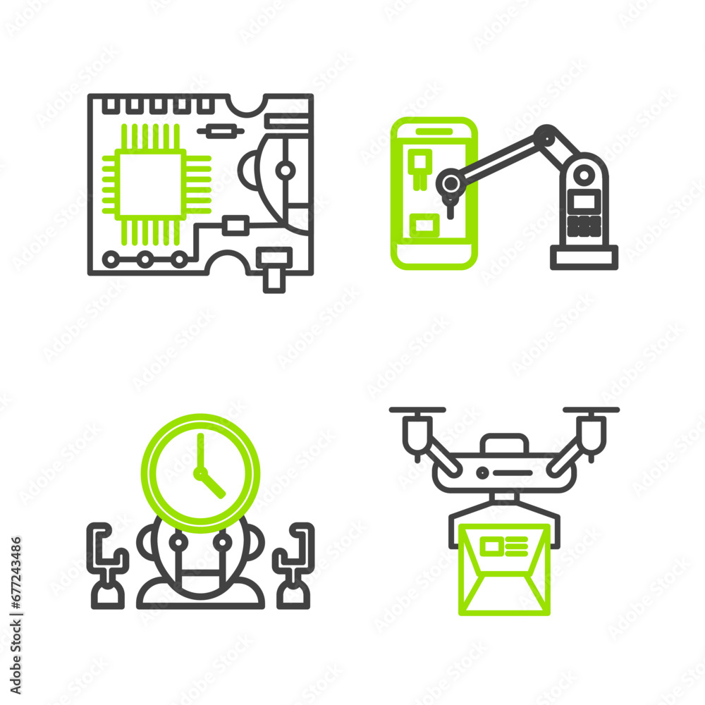Poster set line drone delivery concept, robot and digital time manager, industrial machine robotic robot ar