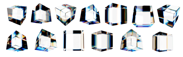 Set of 3d transparent glossy cubes with dispersion effect. Rainbow colors reflection glass. 3d glass cube box with crystal dispersion effect. Abstract empty glassy square with prism holographic