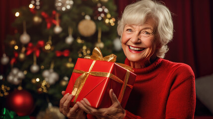 Obraz na płótnie Canvas A cheerful elderly woman with white hair holding a Christmas gift with a ribbon, with a decorated Christmas tree in the background.