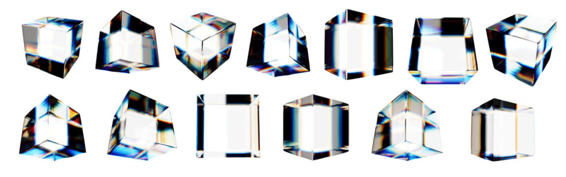 Set of 3d transparent glossy cubes with dispersion effect. Rainbow colors reflection glass. 3d glass cube box with crystal dispersion effect. Abstract empty glassy square with prism holographic