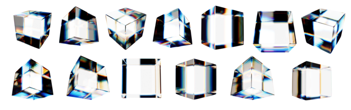 Set of 3d transparent glossy cubes with dispersion effect. Rainbow colors reflection glass. 3d glass cube box with crystal dispersion effect. Abstract empty glassy square with prism holographic