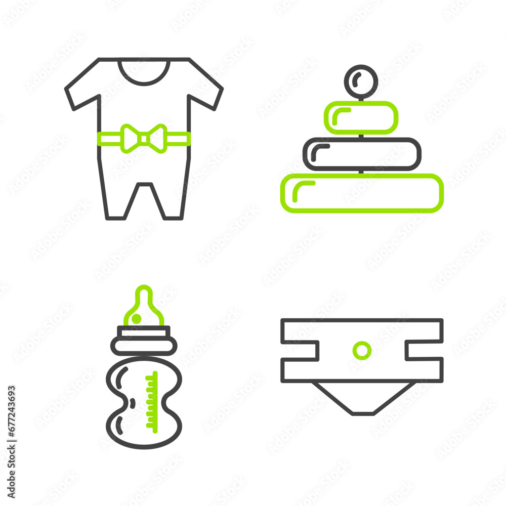 Wall mural set line baby absorbent diaper, bottle, pyramid toy and clothes icon. vector