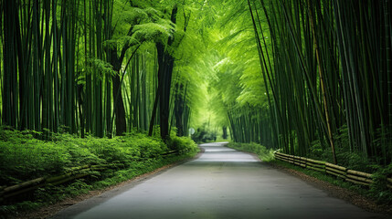 country road between Lush greens and strong vertical lines of trees in a bamboo grove.
