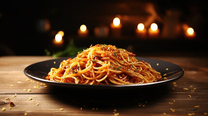 Delicious spaghetti served on a black plate put on wood table. - obrazy, fototapety, plakaty