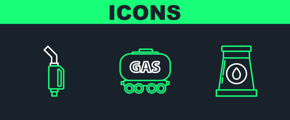 Set line Oil and gas industrial factory building, Gasoline pump nozzle and railway cistern icon. Vector